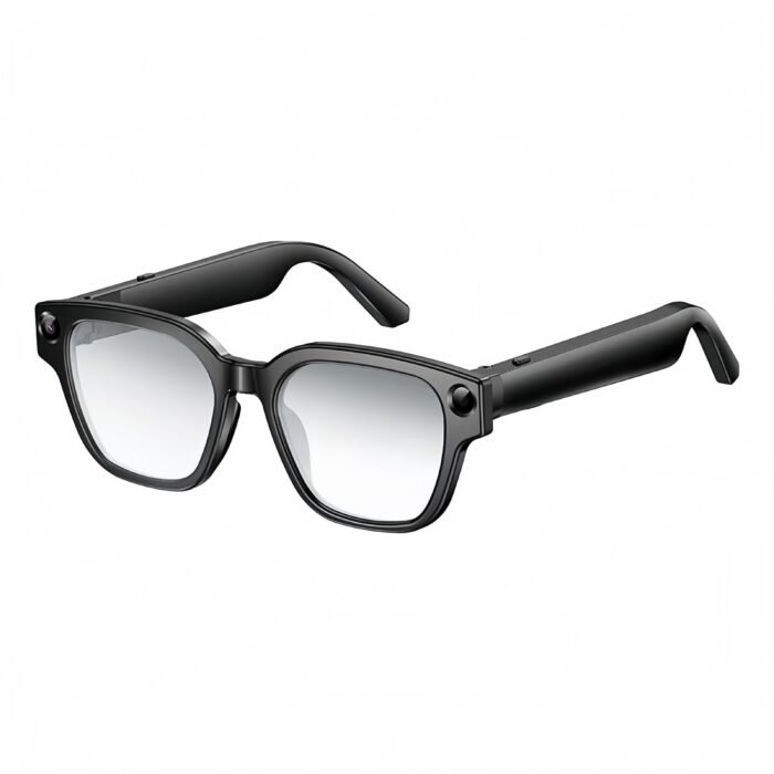 Stylish unisex square-frame smart glasses worn in city.Combines UV protection, music playback, and AI visual search in one sleek design.