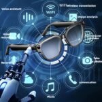 Close-up of AI-powered smart glasses showing 8MP camera.Hands-free recording, WiFi connectivity, and voice assistant built into sleek frames.