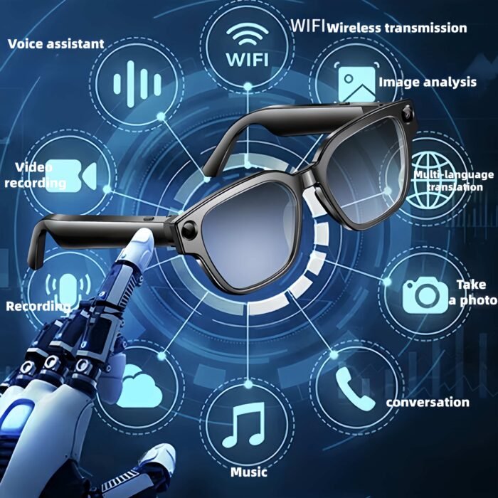 Close-up of AI-powered smart glasses showing 8MP camera.Hands-free recording, WiFi connectivity, and voice assistant built into sleek frames.