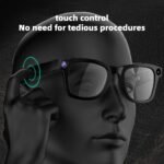 Close-up of AI smart glasses showing blue light filtering technology and built-in microphone for calls and voice assistant.