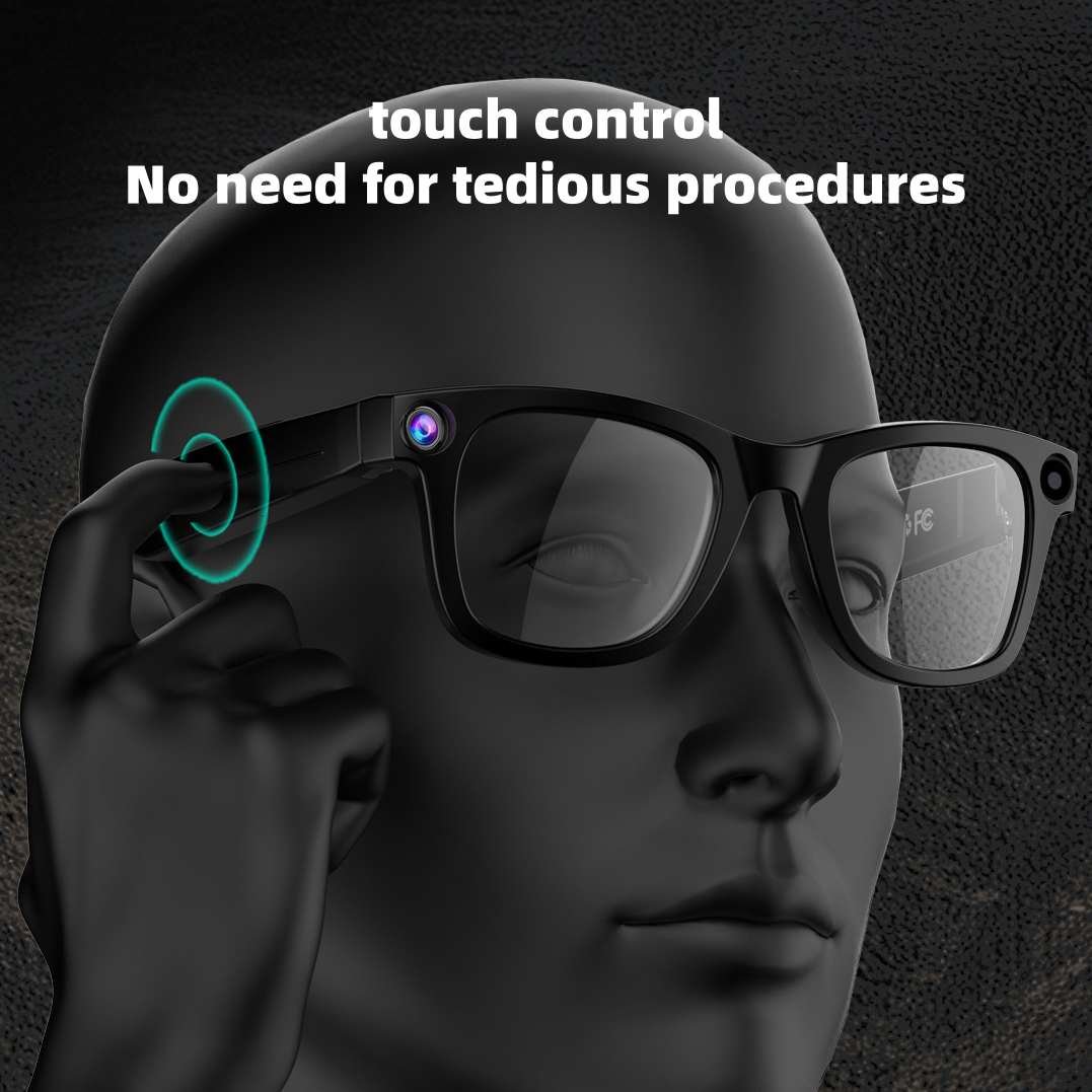 7 Close-up of AI smart glasses showing blue light filtering technology and built-in microphone for calls and voice assistant.