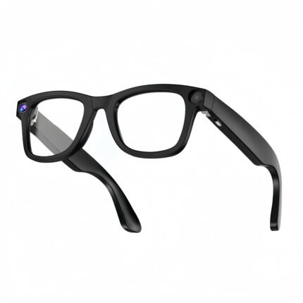 Person using smart glasses for real-time language translation during travel or business meetings with clear frame design.