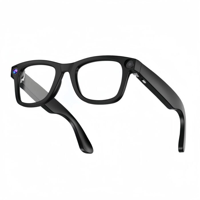 Person using smart glasses for real-time language translation during travel or business meetings with clear frame design.