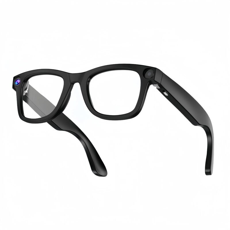 Person using smart glasses for real-time language translation during travel or business meetings with clear frame design.